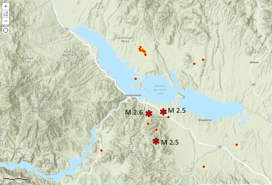 Epicenter of events near Theodore Roosevelt Lake. Feb. 2022 events are marked by stars