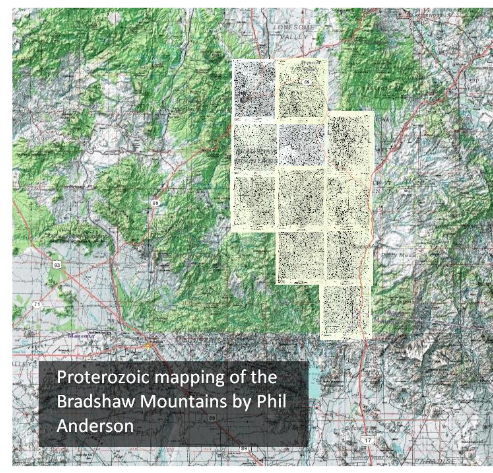 The distribution of mapped quadrangles in the Bradshaw Mountains of Arizona's Transition Zone.