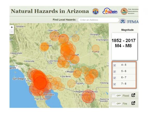 M4 through M7 earthquakes, Arizona and environs (1852-2017)
