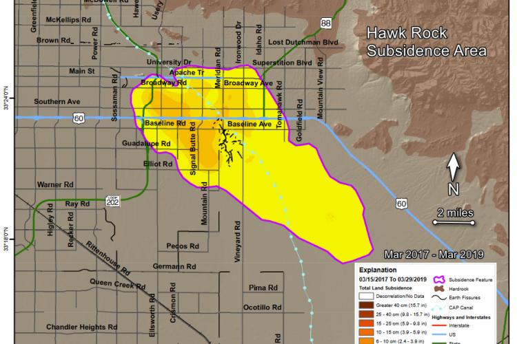 InSAR imagery illustrating subsidence near Apache Junction, Arizona.